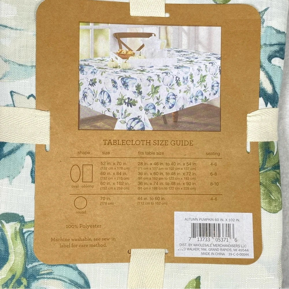 Fall Fabric Autumn Pumkin Tablecloth 60 in X 102 in White Green Blue Watercolor